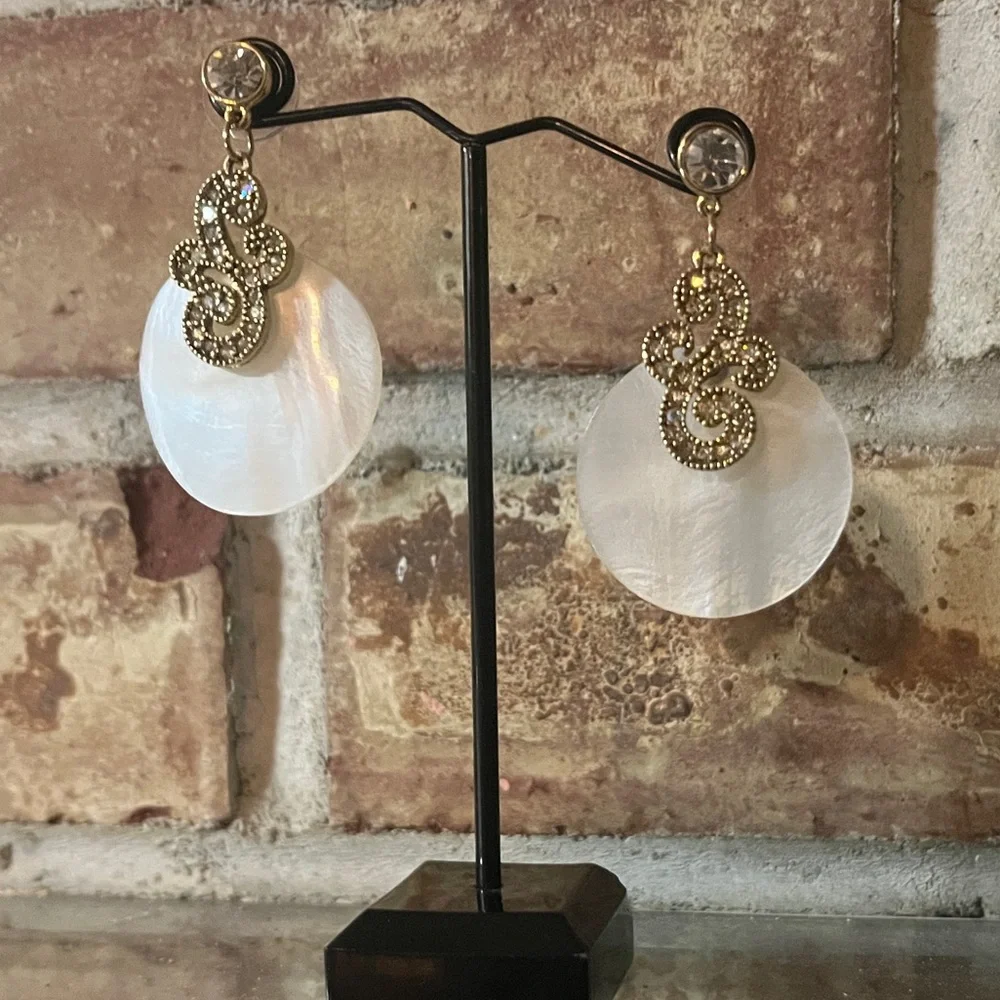 Gold and White Dangle Earrings - Picture 1 of 3